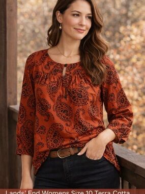 Lands’ End Womens Size 10 Terra Cotta Black Paisley Blouse 3/4 Sleeve Cotton Top